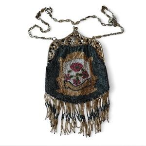 Vintage Rare Handmade Beaded Fringe Evening Bag w Chain Strap 100% Silk